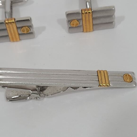 Dunhill Vintage Cufflinks Tie Clasp Clip Bar Set Silver Gold Striped Logo Box - Picture 4 of 16